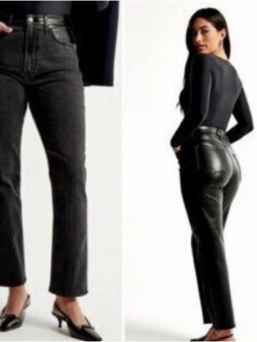 NWT Abercrombie  Black Slim Straight Jeans w Faux Leather and Denim 26/2 long